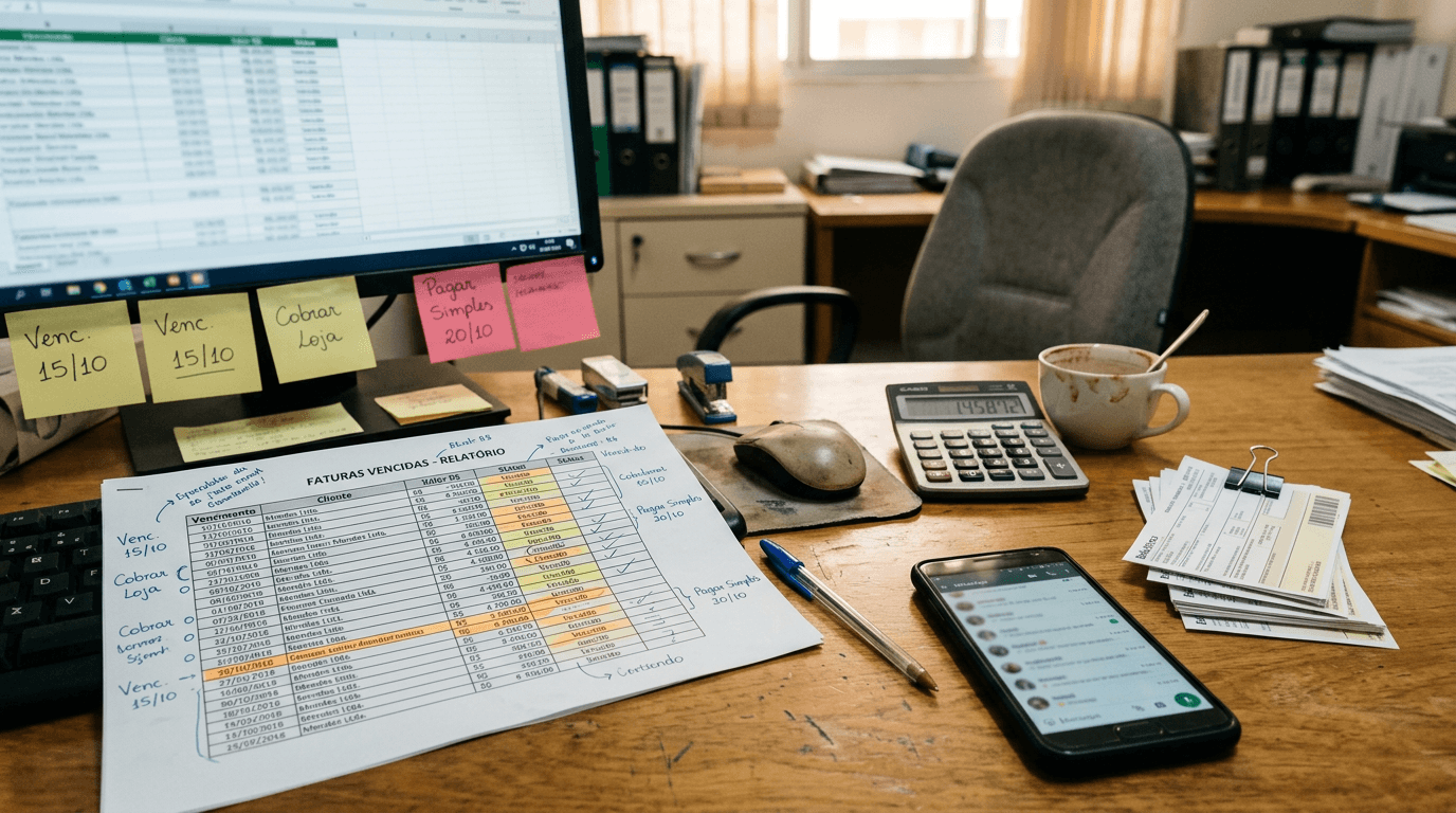 Mesa de escritório financeiro com planilhas impressas, post-its de vencimentos colados no monitor e um celular pessoal aberto em conversas de cobrança