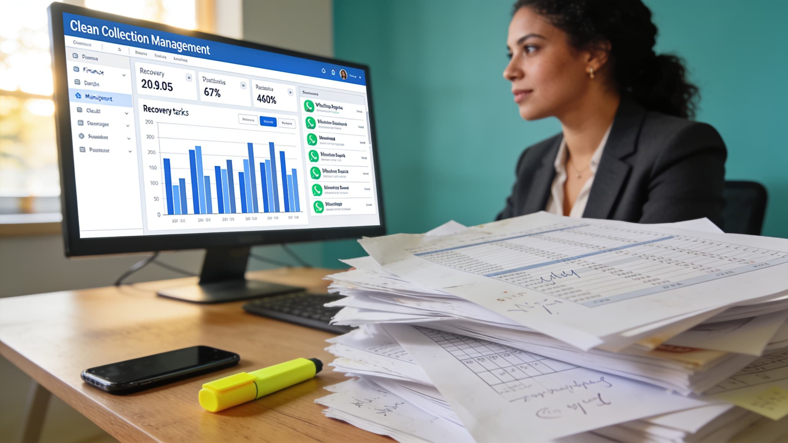 Gestora financeira analisa painel de cobrança em um monitor enquanto planilhas impressas ficam esquecidas ao lado, sobre a mesa do escritório