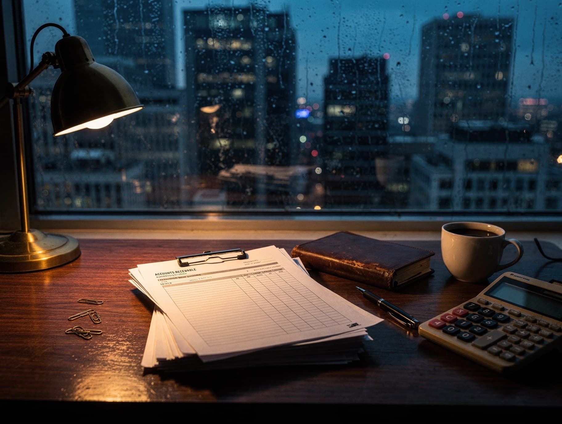 Gestor financeiro analisa relatório de contas a receber em escritório à noite, com gráfico de queda econômica na tela e celular exibindo conversa de negociação pelo WhatsApp.