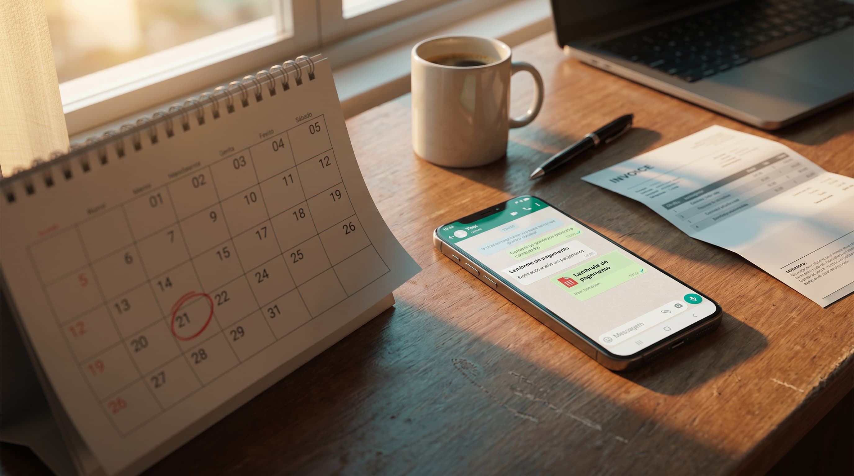 Calendário de mesa com uma data de vencimento circulada há poucos dias, ao lado de um celular exibindo um lembrete de pagamento no WhatsApp, em um escritório iluminado pela luz da manhã