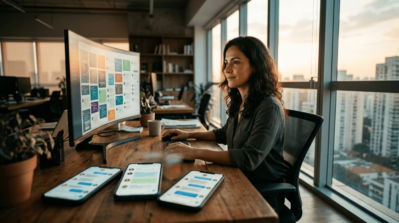 Analista financeira observa no monitor conversas de cobrança personalizadas acontecendo em paralelo, cada uma com nome, histórico e proposta diferentes para o cliente.
