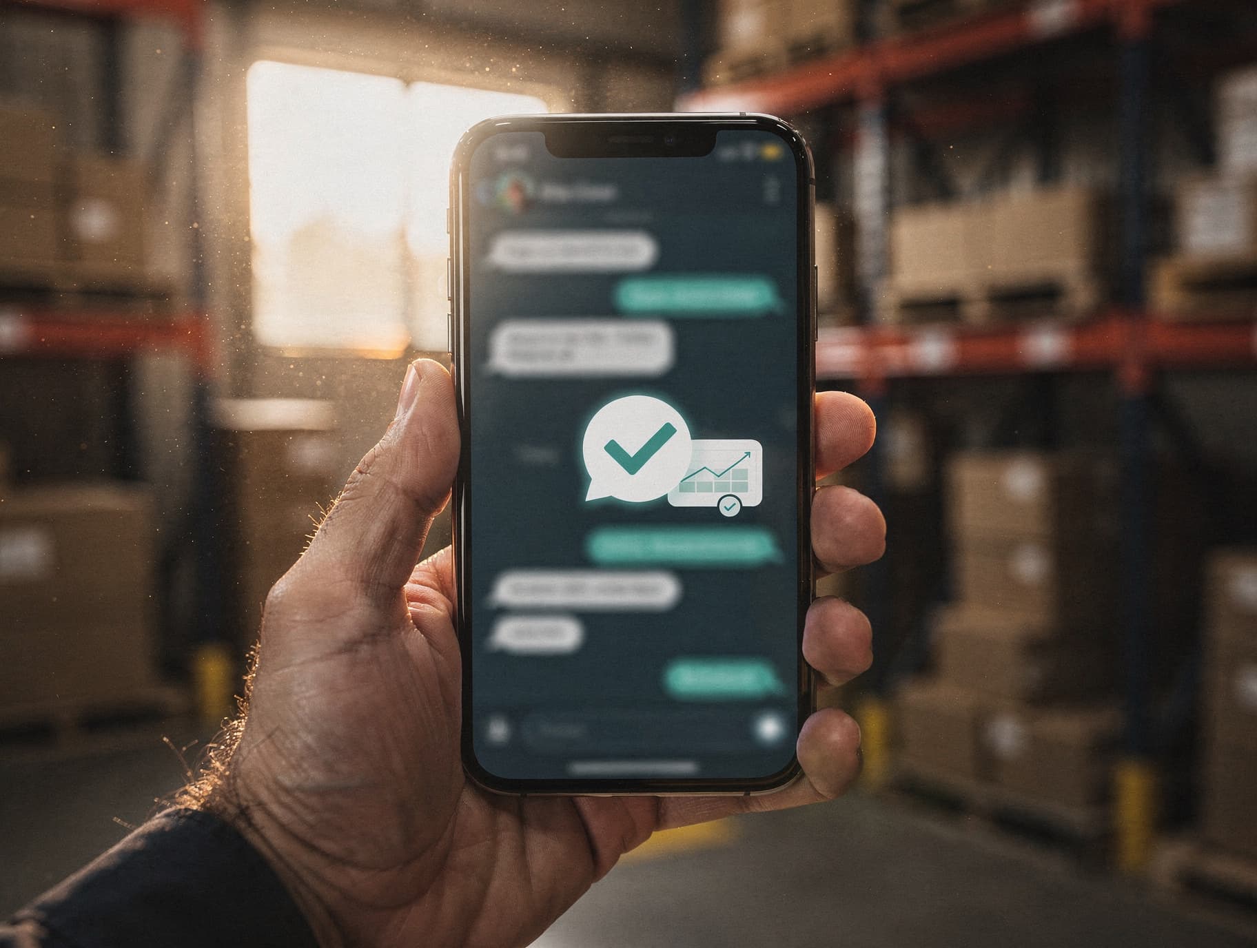 Celular exibindo conversa de cobrança por WhatsApp com fundo desfocado de armazém de distribuidora