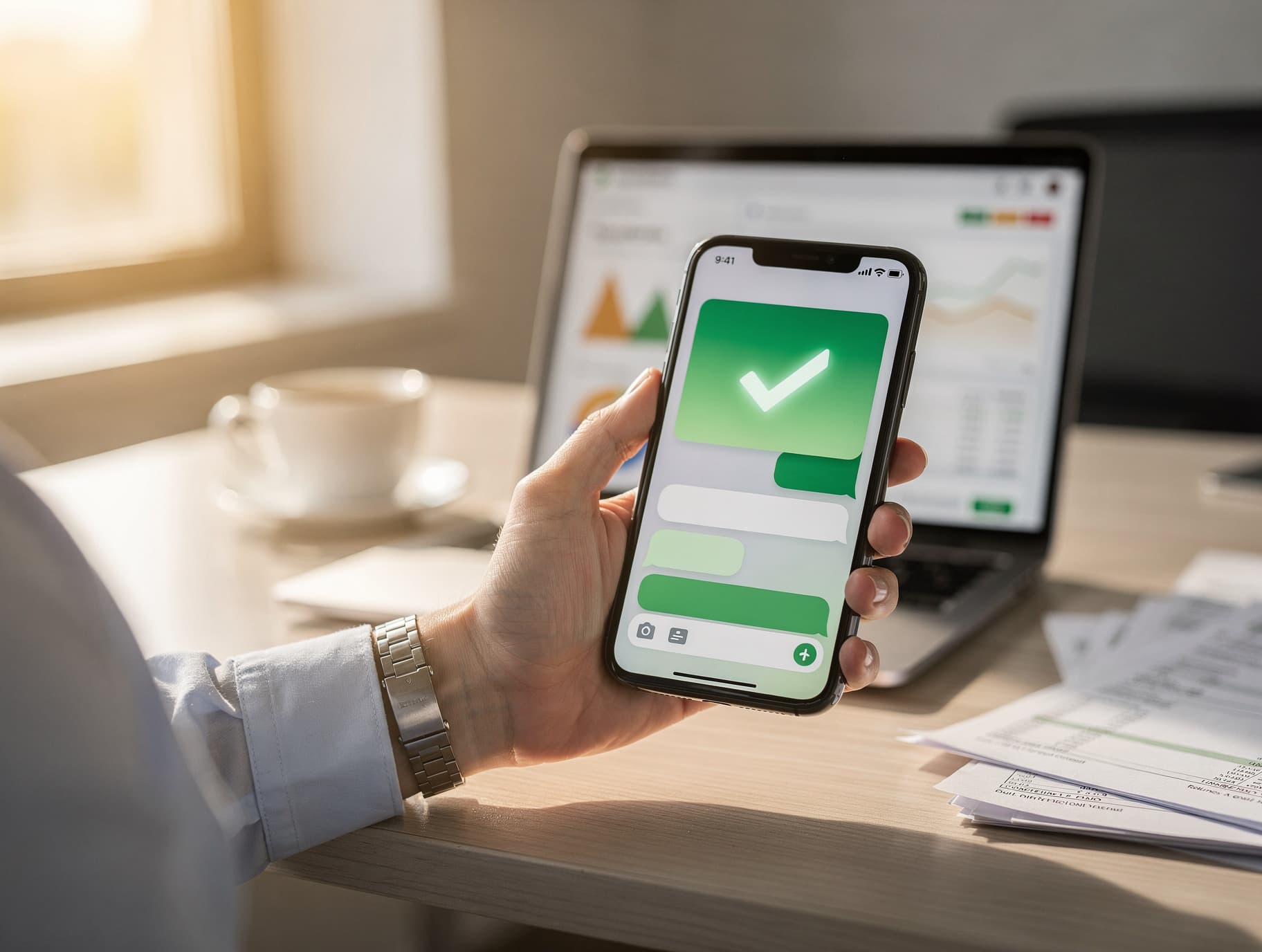Gestor financeiro observa no celular a notificação de um pagamento confirmado logo após uma mensagem de cobrança, com painel de títulos em aberto ao fundo.
