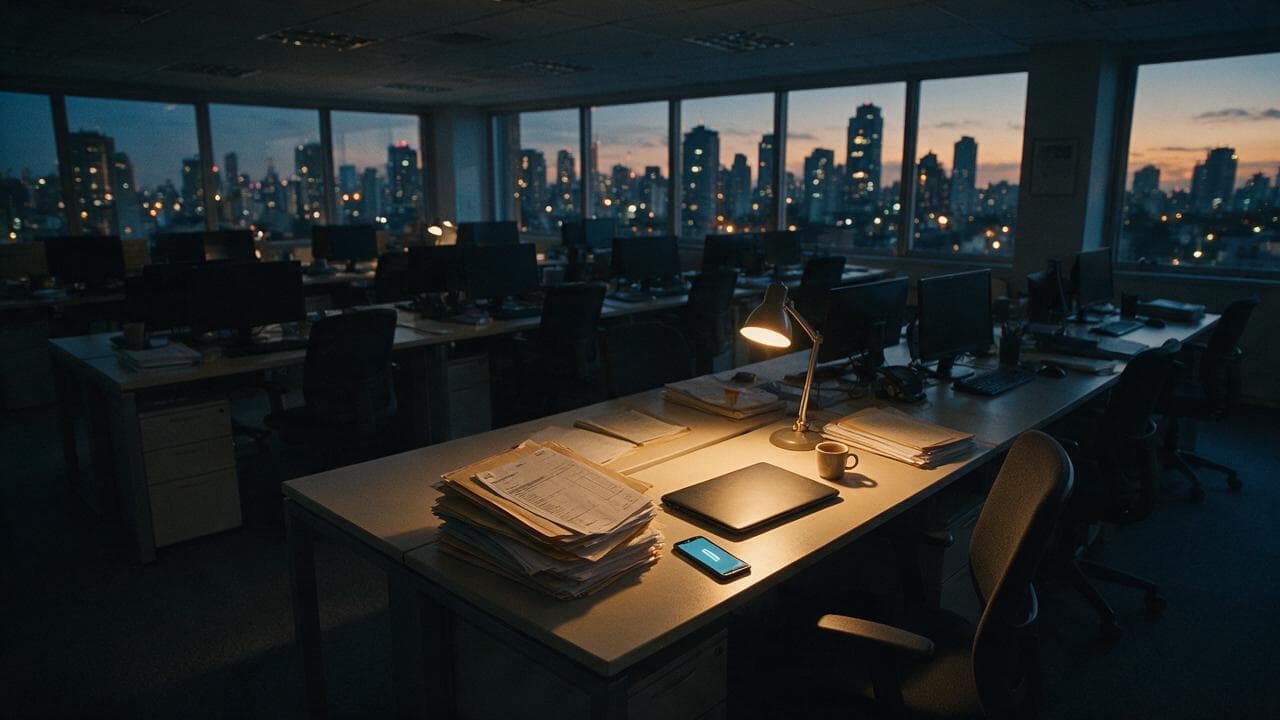 Escritório financeiro ao anoitecer com uma única mesa iluminada, pilha de pastas de cobrança e um celular sobre a mesa recebendo mensagens de clientes enquanto o restante da equipe já foi embora.