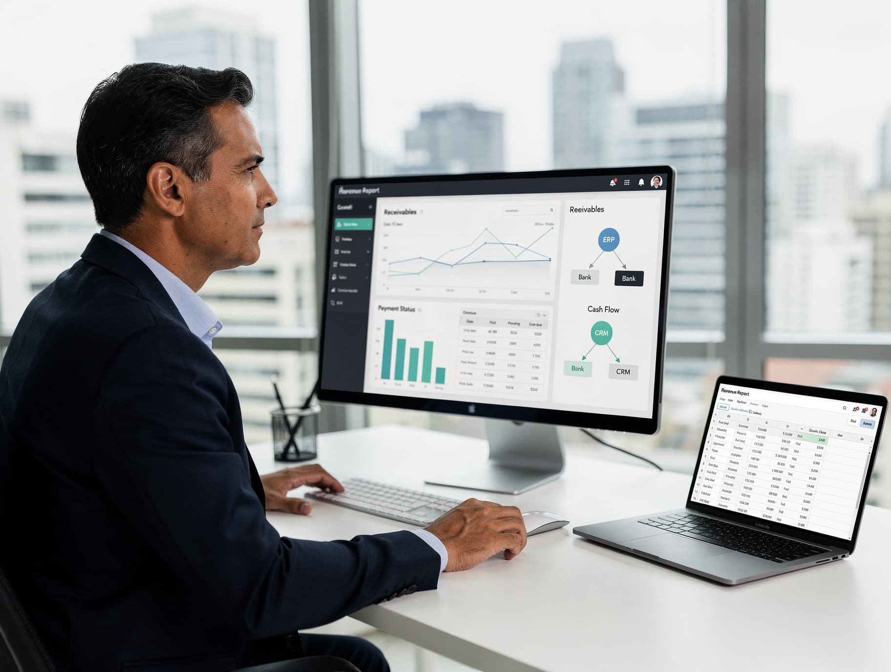 Gestor financeiro analisando um painel de cobrança integrado ao ERP em um escritório corporativo