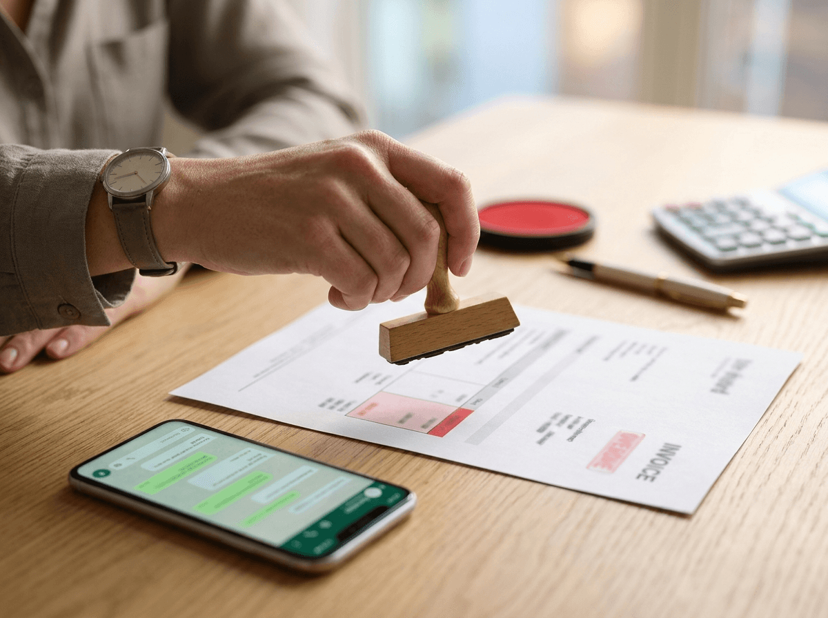 Gestora financeira analisa no notebook uma fatura vencida, com um carimbo sobre a mesa, enquanto decide se negocia ou negativa o cliente.