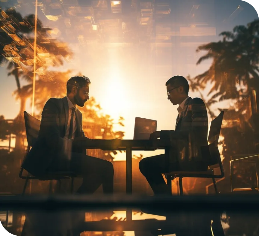 Dois executivos conversando em uma mesa com um laptop, ao pôr do sol